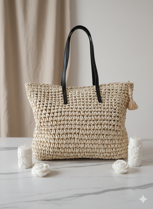 Grand Fourre-Tout Crochet Paille Anses Noires