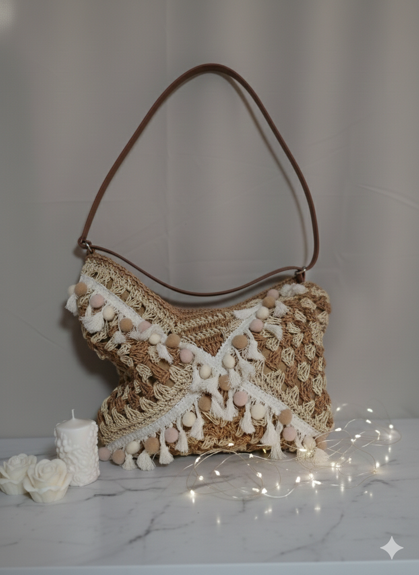 Fourre-Tout Pochette Crochet Paille Pompons Blancs