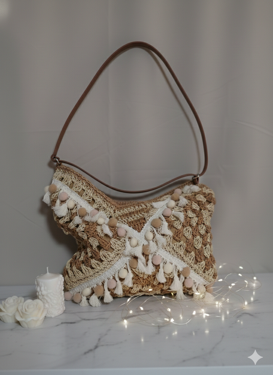 Fourre-Tout Pochette Crochet Paille Pompons Blancs
