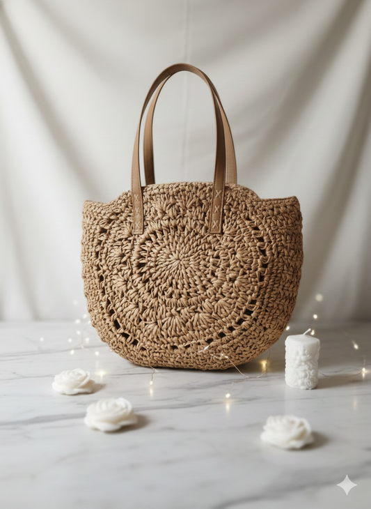Fourre-Tout Rond Crochet Paille Motif Rosace