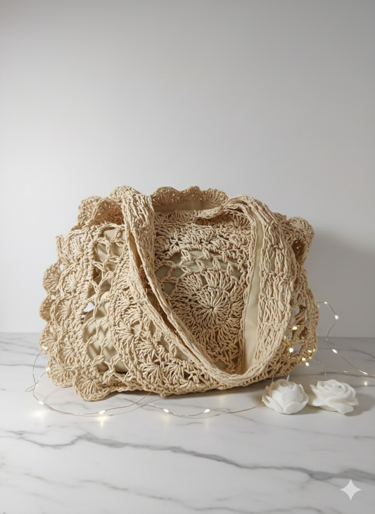 Fourre-Tout Seau Crochet Paille Bordure Festonnée