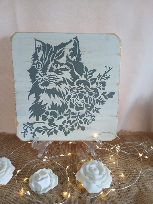 Plaque en bois  de décoration " le chat"