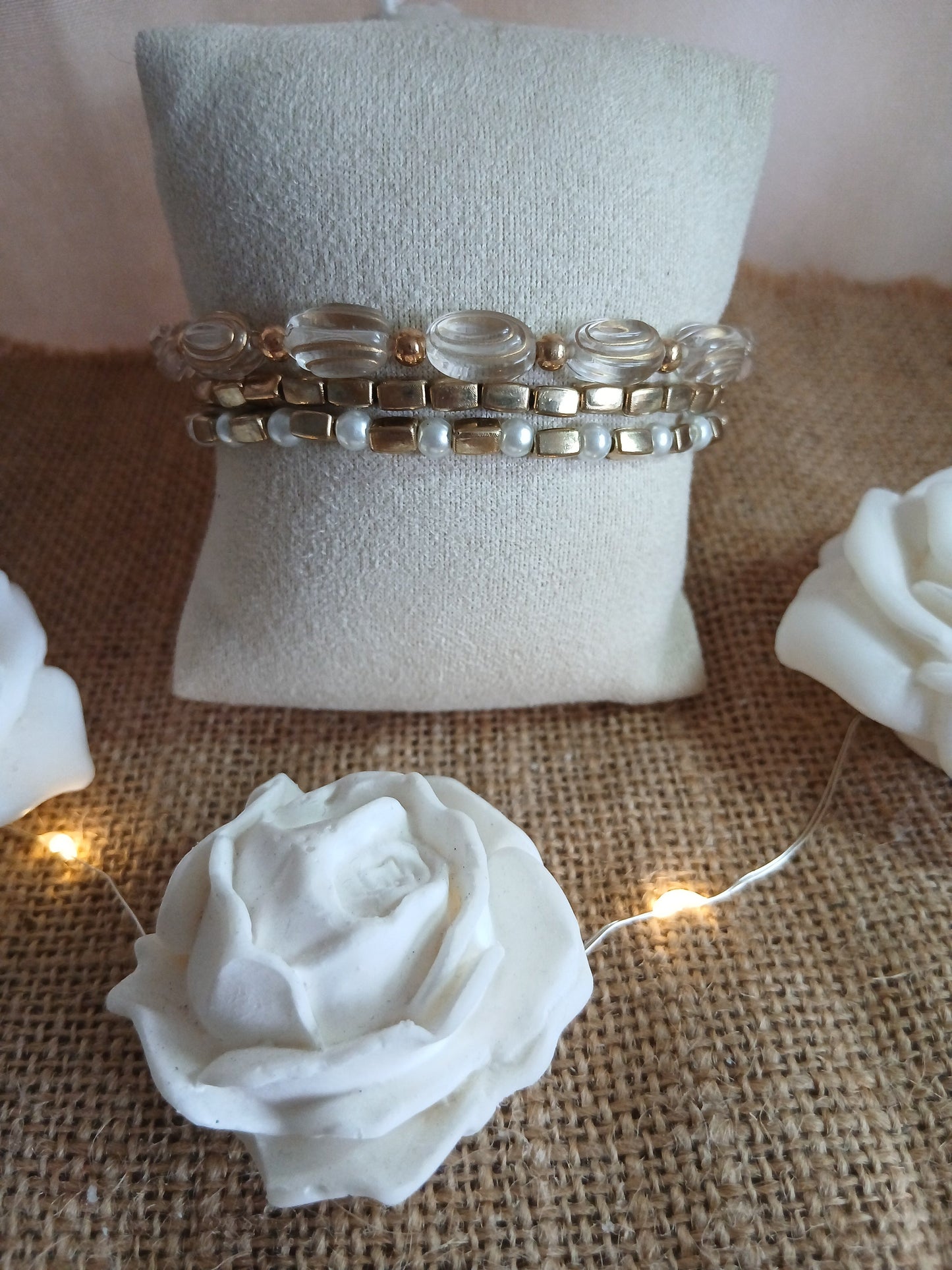 Bracelet Trio Perles Facettées Blanc Nacré Cristal