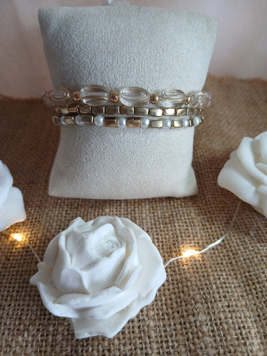 Bracelet Trio Perles Facettées Blanc Nacré Cristal