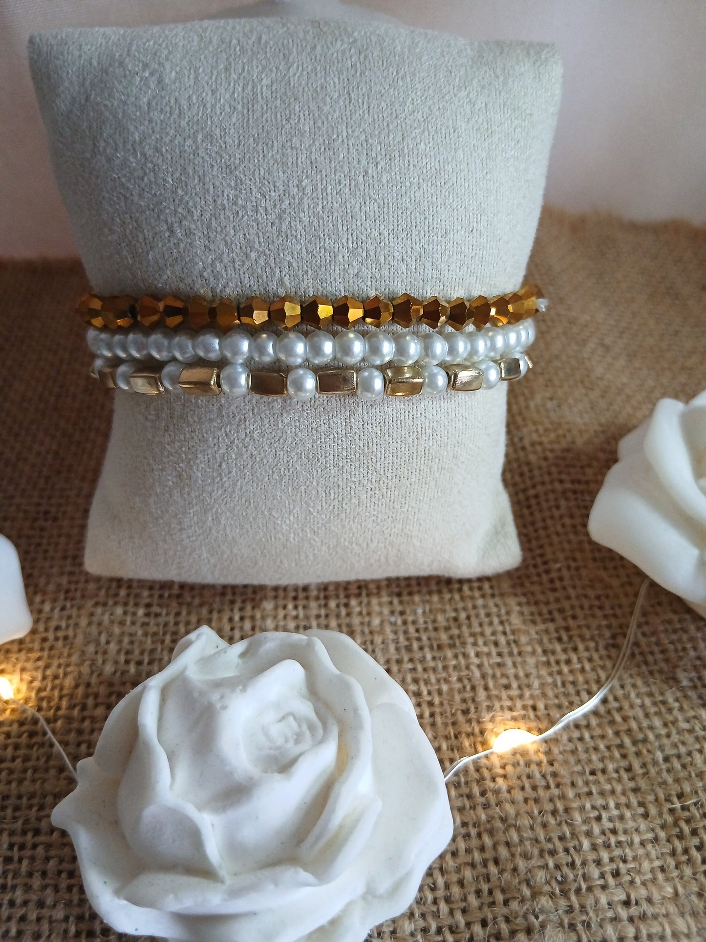 Bracelet Duo Perles Facettées Beige Nacré